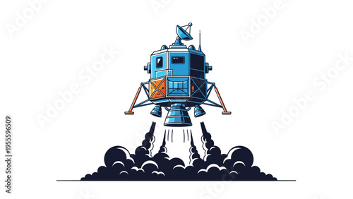 Detailed blue lunar lander module launches from the moon's surface with powerful engine thrust and thick plumes of dark smoke.