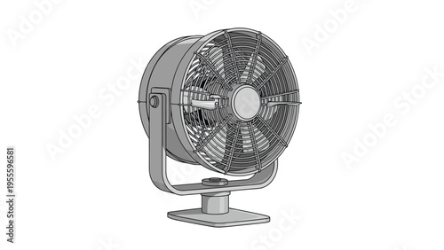 Powerful grey industrial floor fan is encased in a protective metal cage and mounted on a sturdy rotating base.