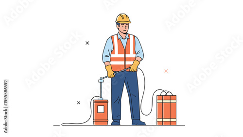 Construction worker in a safety vest and hard hat operates a manual plunger to detonate a bundle of dynamite sticks.