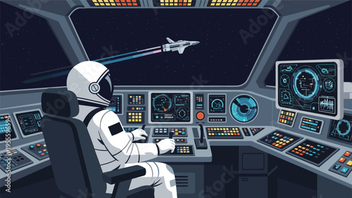 Astronaut sits at the complex control panel of a futuristic spaceship cockpit looking out the window at another craft in space.