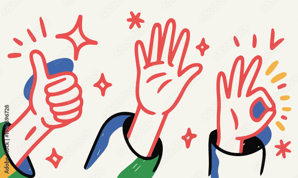 Fototapeta premium Diverse hands in a playful, cartoon style emerge, displaying gestures of approval like thumbs up, open palms, and the OK sign. Surrounded by colorful shapes and festive stars, conveying positivity
