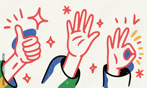 Diverse hands in a playful, cartoon style emerge, displaying gestures of approval like thumbs up, open palms, and the OK sign. Surrounded by colorful shapes and festive stars, conveying positivity