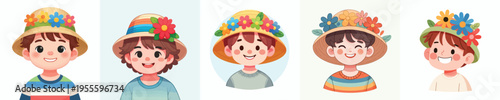 Bild auf Leinwand half body vector of little boy  wearing flower hat in spring