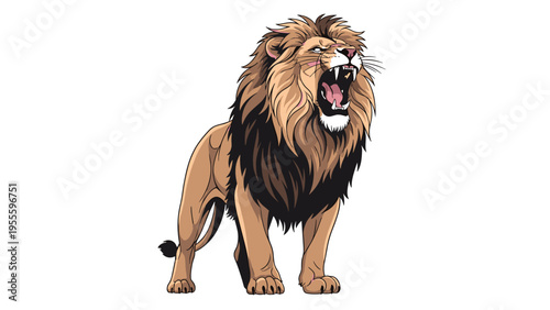 Powerful male lion with a thick dark mane standing and roaring loudly with its mouth wide open showcasing its large teeth and strength.