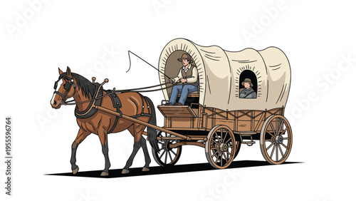 Historical covered wagon pulled by a brown horse across a white background representing the pioneer era and early american western travel.