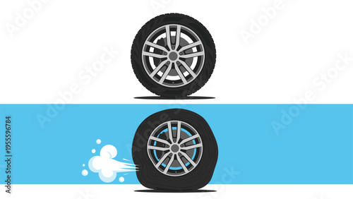 Informative illustration comparing a fully inflated car tire on a rim with a flat tire leaking air and losing pressure on a blue road.