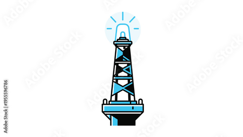 Stylized icon of a lighthouse tower with a bright blue beacon light shining at the top to guide ships safely in a minimalist design.