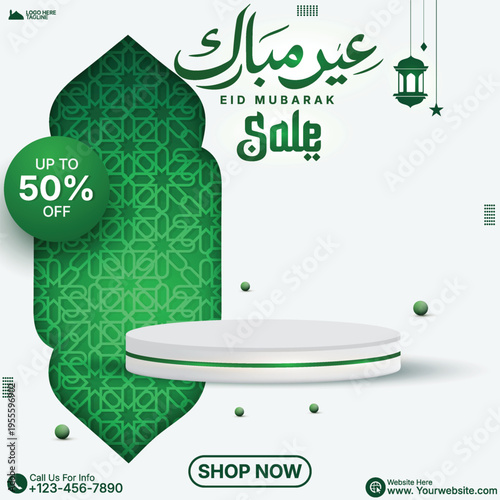 Green color Eid Product Sale Social Media Poster Design Template With Islamic Caligraphy And Mosque. Creative Eid Mubarak Sale Banner with 3D Stage for Product Presentation. Eid Sale Poster Design. 