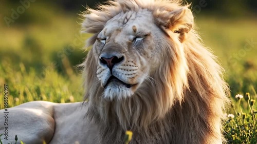 A majestic lion resting in savannah grass.