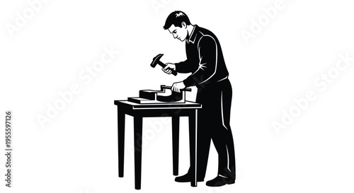 Silhouette of a man in uniform polishing a shoe at a table