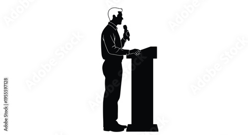 Silhouette of a man in a suit giving a speech from a podium