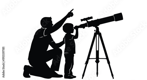 Silhouette of a man and child exploring the night sky with a telescope