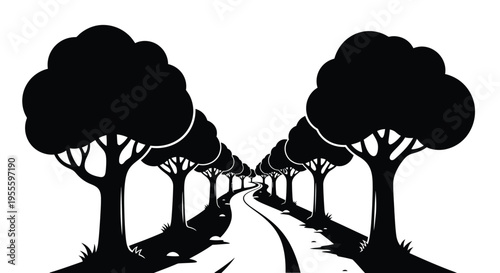 Silhouette of trees lining a road in a rural landscape