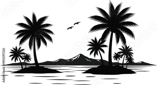 Tropical island silhouette with palm trees and mountain range