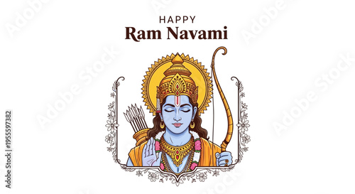 Illustration of Lord Rama for Happy Ram Navami celebration with traditional Indian design elements on a festive background.