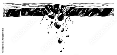 Hand drawn deep crack in the ground with falling stones in vintage engraving style