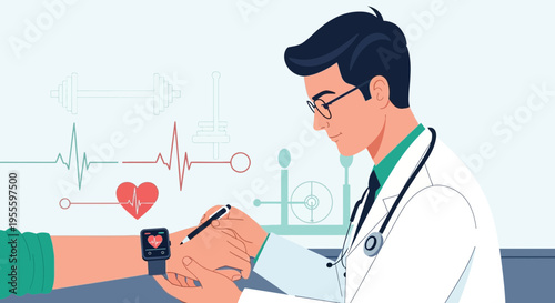 Doctor checking smartwatch for patient health data, heart rate, and fitness tracking