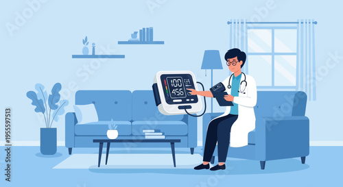Doctor checks patient's blood pressure at home, telemedicine concept