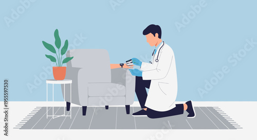 Doctor checks patient's pulse at home, healthcare, medical check-up, home visit