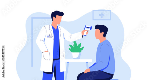 Doctor checks patient's temperature with infrared thermometer in clinic, healthcare concept