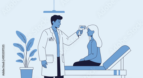 Doctor checks patient's temperature with infrared thermometer in clinic examination room