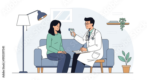 Doctor checks patient's temperature with thermometer during medical consultation at home