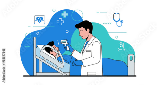 Doctor checks patient's temperature with thermometer in hospital room, healthcare concept