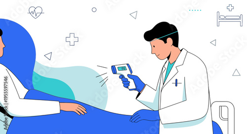 Doctor checks patient's temperature with infrared thermometer in clinic, healthcare concept
