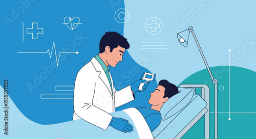 Doctor checks patient's temperature with thermometer in hospital room, medical icons