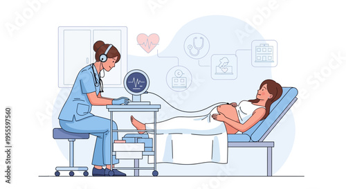 Doctor checks pregnant woman's belly with ultrasound monitor in clinic, healthcare concept