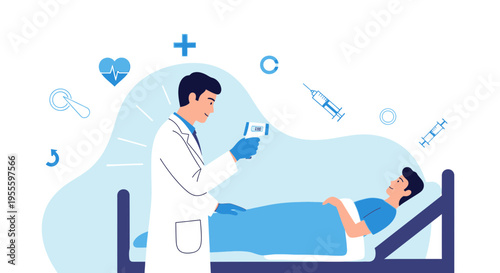 Doctor checks patient's temperature with infrared thermometer, medical icons, healthcare concept