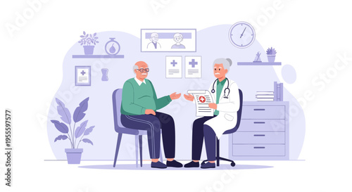 Doctor consulting elderly patient in clinic, discussing medical results and health checkup