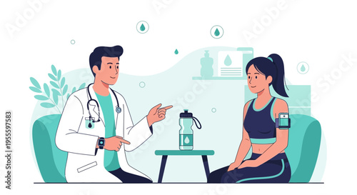 Doctor consulting a female athlete about health and fitness, discussing hydration and wellness.