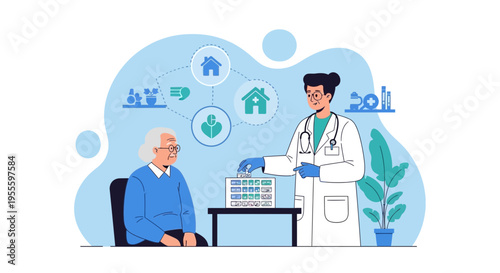 Doctor consulting elderly patient about home care and health plan