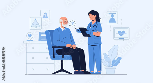 Doctor consulting elderly patient in clinic, healthcare concept
