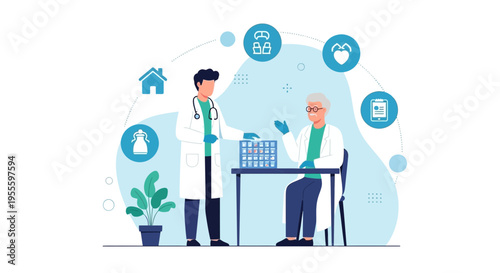 Doctor consulting elderly patient with medical icons, healthcare concept