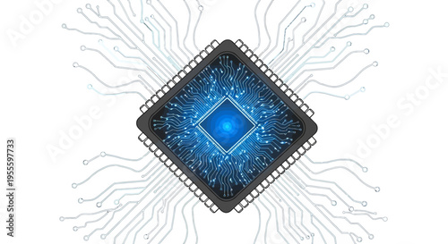 Microchip with glowing blue center.