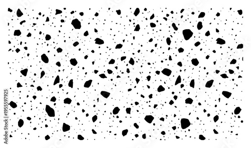 Seamless terrazzo texture pattern with scattered irregular black stone fragments