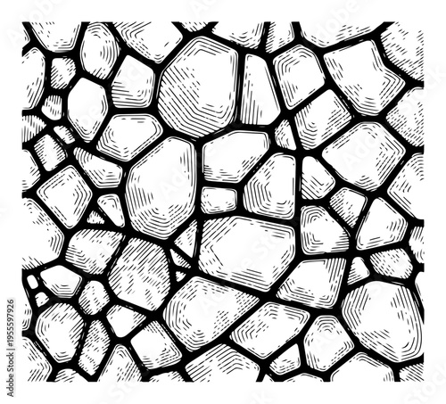 Hand drawn woodcut engraving of a seamless stone pavement or cell texture pattern