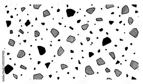Abstract terrazzo pattern with hatched geometric shapes and stone elements