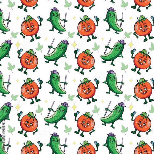 A vibrant seamless vector pattern featuring cheerful anthropomorphic tomato and cucumber characters. Designed in a classic vintage cartoon style, the characters are shown dancing and holding drinks