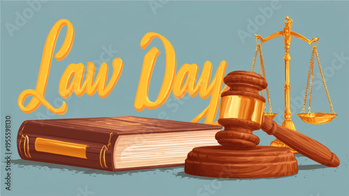 Law day illustration with gavel scale and book on a blue background symbolizing justice and legal profession