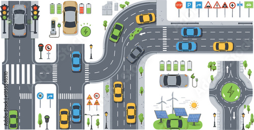 Urban Traffic Road Map Illustration with Cars, Intersections, Signals, Parking Areas, Electric Charging Stations and Smart City Infrastructure Elements for Transportation Design