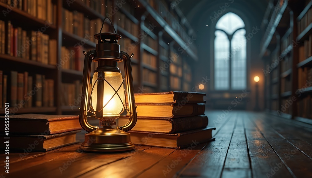 Fototapeta premium Antique lantern glows near stacked books on wooden table in library. Shelves full of old literature line room with arched window. Warm light illuminates research, study, and history.