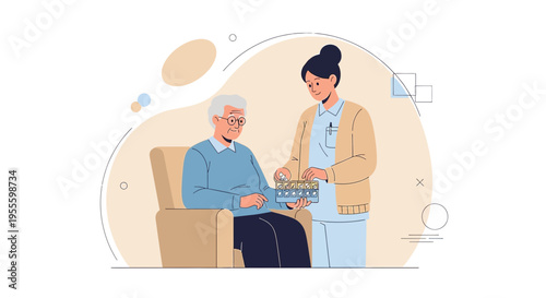 Nurse giving medication to elderly man sitting in armchair, home care concept
