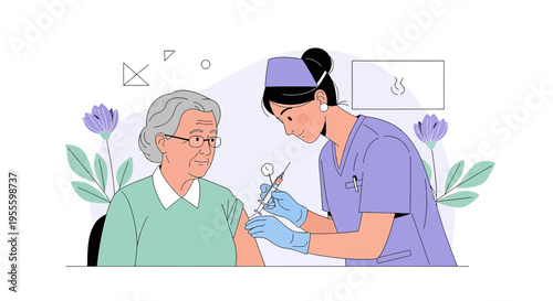 Nurse giving vaccination to elderly woman, healthcare concept, illustration