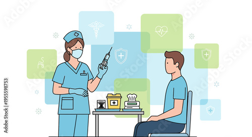 Nurse giving vaccination to patient, medical symbols, healthcare concept