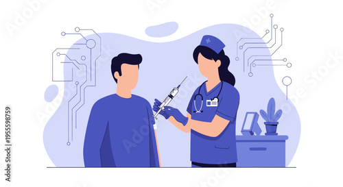 Nurse giving vaccination to man, digital health concept, modern medicine, technology in healthcare
