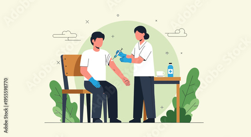Nurse giving vaccination to a man, medical healthcare concept, illustration