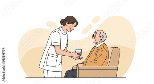 Nurse giving water to elderly man in chair, healthcare, caregiving, medical assistance